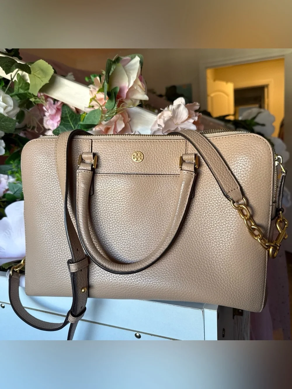 Tory Burch Taupe Pebbled Leather Satchel with Gold Hardware